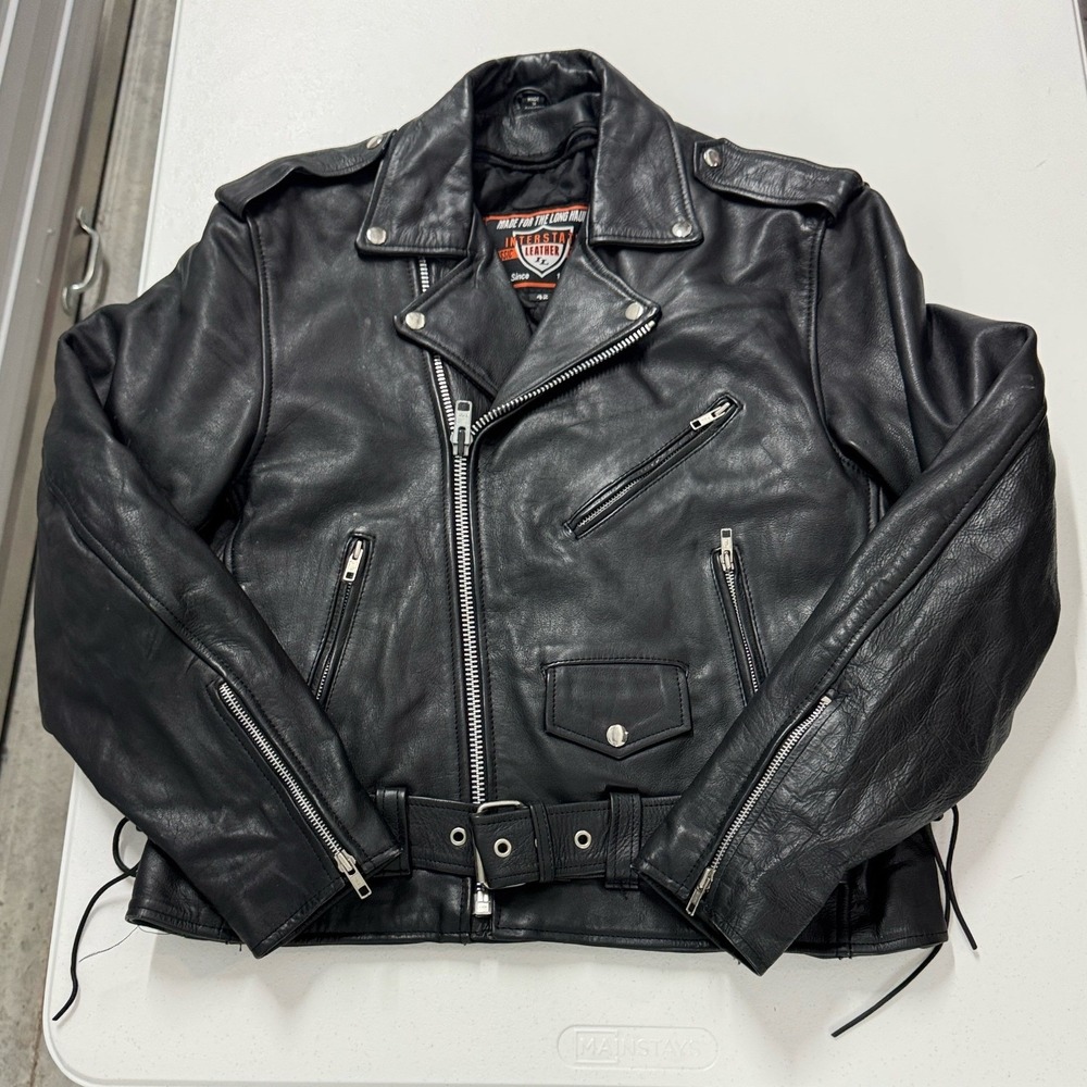 Interstate Leather Biker Jacket womans 42 Black Excellent Harley Davidson Patch